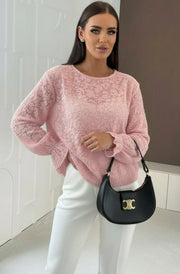 Lucinda Floral Eyelash Texture Mesh Blouse Top-Pink