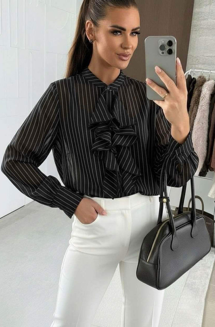 Luna Frill Front Stripe Shirt Top-Black