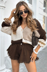 Lydia Colour Block Knitted Cardigan-Brown