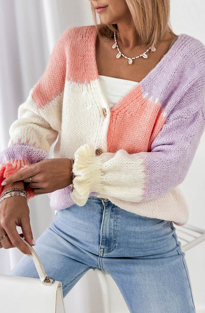 Lydia Colour Block Knitted Cardigan-Purple