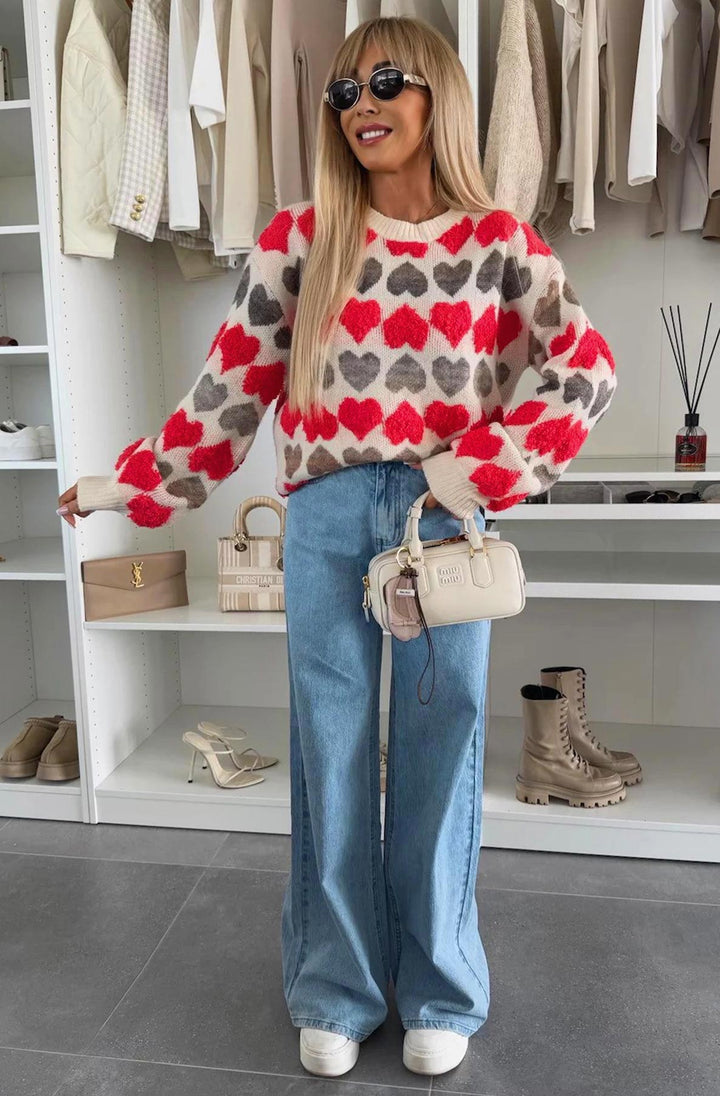 Mandie Contrast Heart Patterned Knitted Jumper-Red