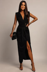Marielle Sleeveless V-Neck Ring Split Maxi Dress-Black