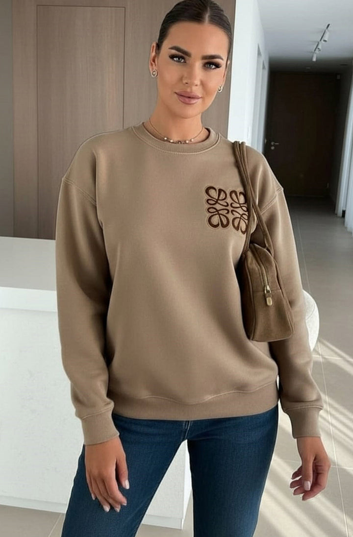 Maris Oversized Embellished Pocket Sweatshirt Top-Camel