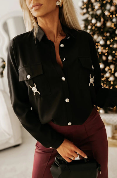 Marla Embellished Pocket Shirt Blouse-Black