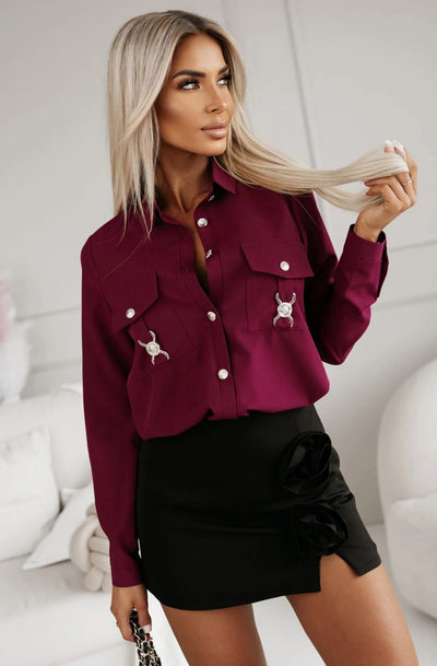 Marla Embellished Pocket Shirt Blouse-Wine