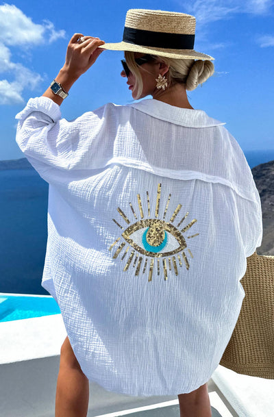 Maxine 'Eye' Sequins Oversized Cotton Gauze Style Shirt Top-Ivory