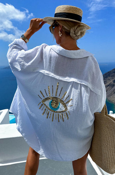 Maxine 'Eye' Sequins Oversized Cotton Gauze Style Shirt Top-Ivory