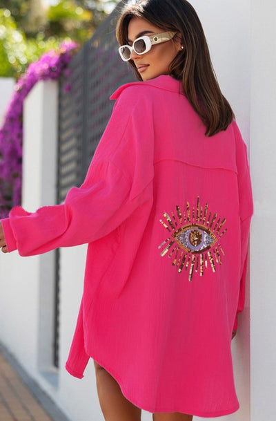 Maxine 'Eye' Sequins Oversized Cotton Gauze Style Shirt Top-Pink