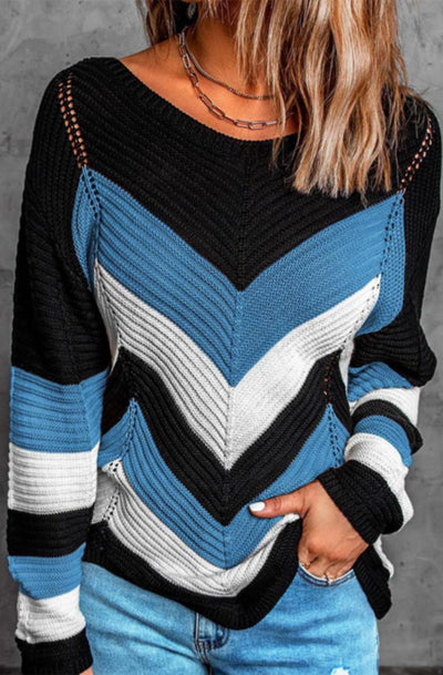Maya Block Colour Knitted Jumper Sweater Top-Blue
