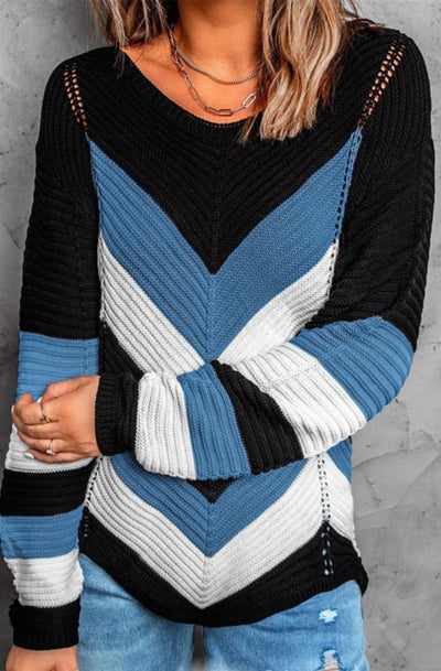 Maya Block Colour Knitted Jumper Sweater Top-Blue