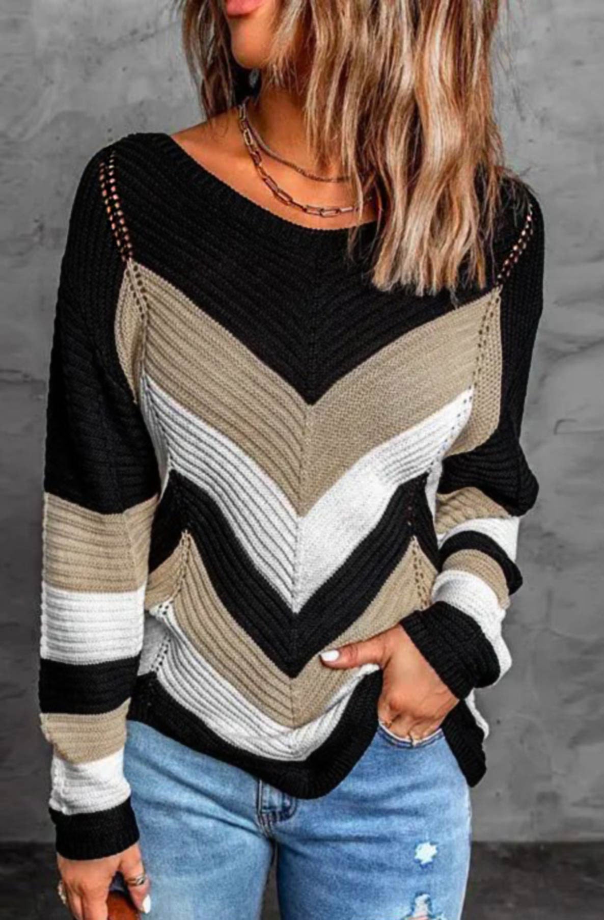 Maya Block Colour Knitted Jumper Sweater Top-Brown