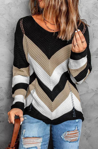 Maya Block Colour Knitted Jumper Sweater Top-Brown