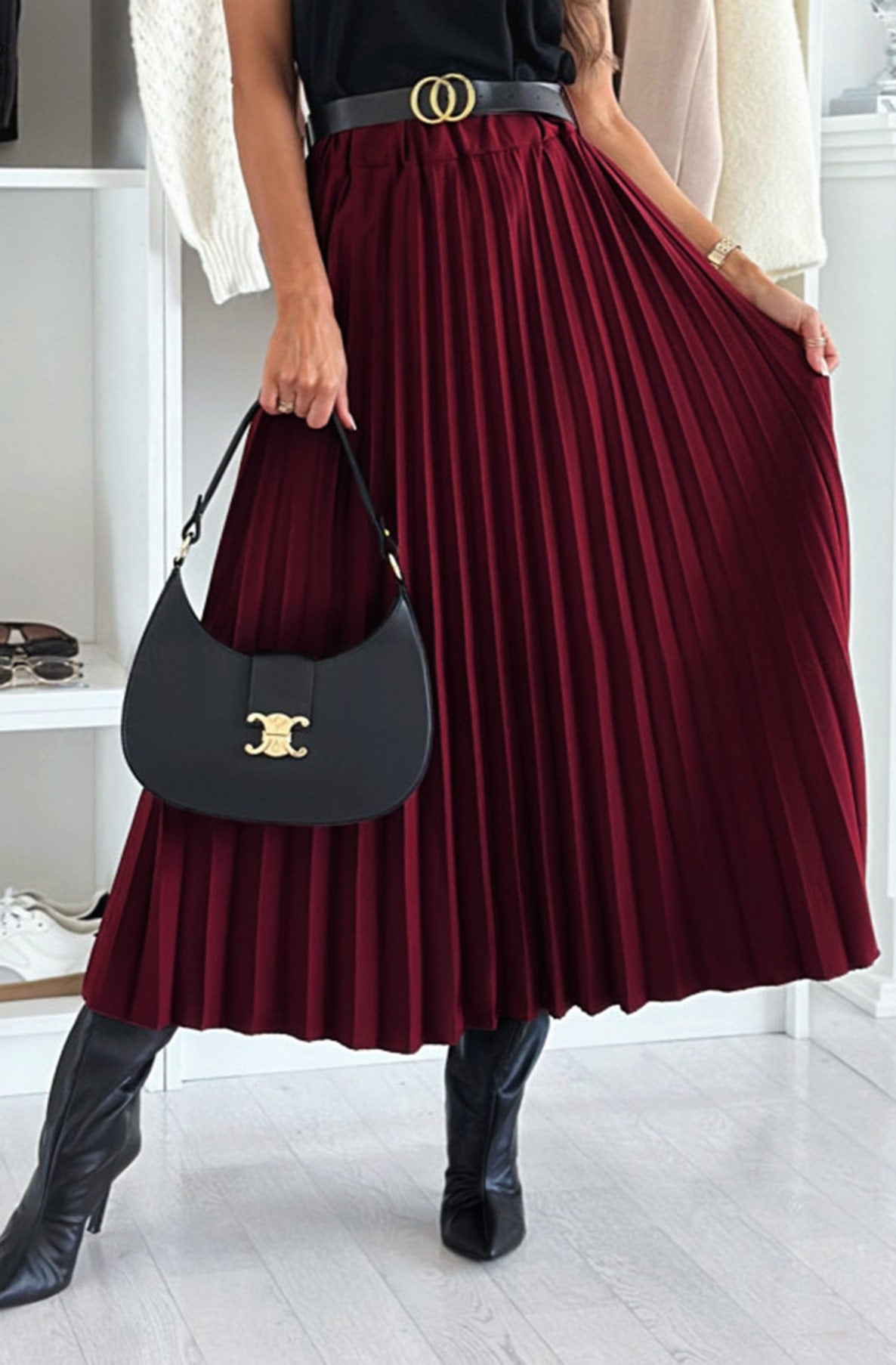 Megan Pleated Chiffon Belted Midaxi Skirt-Wine