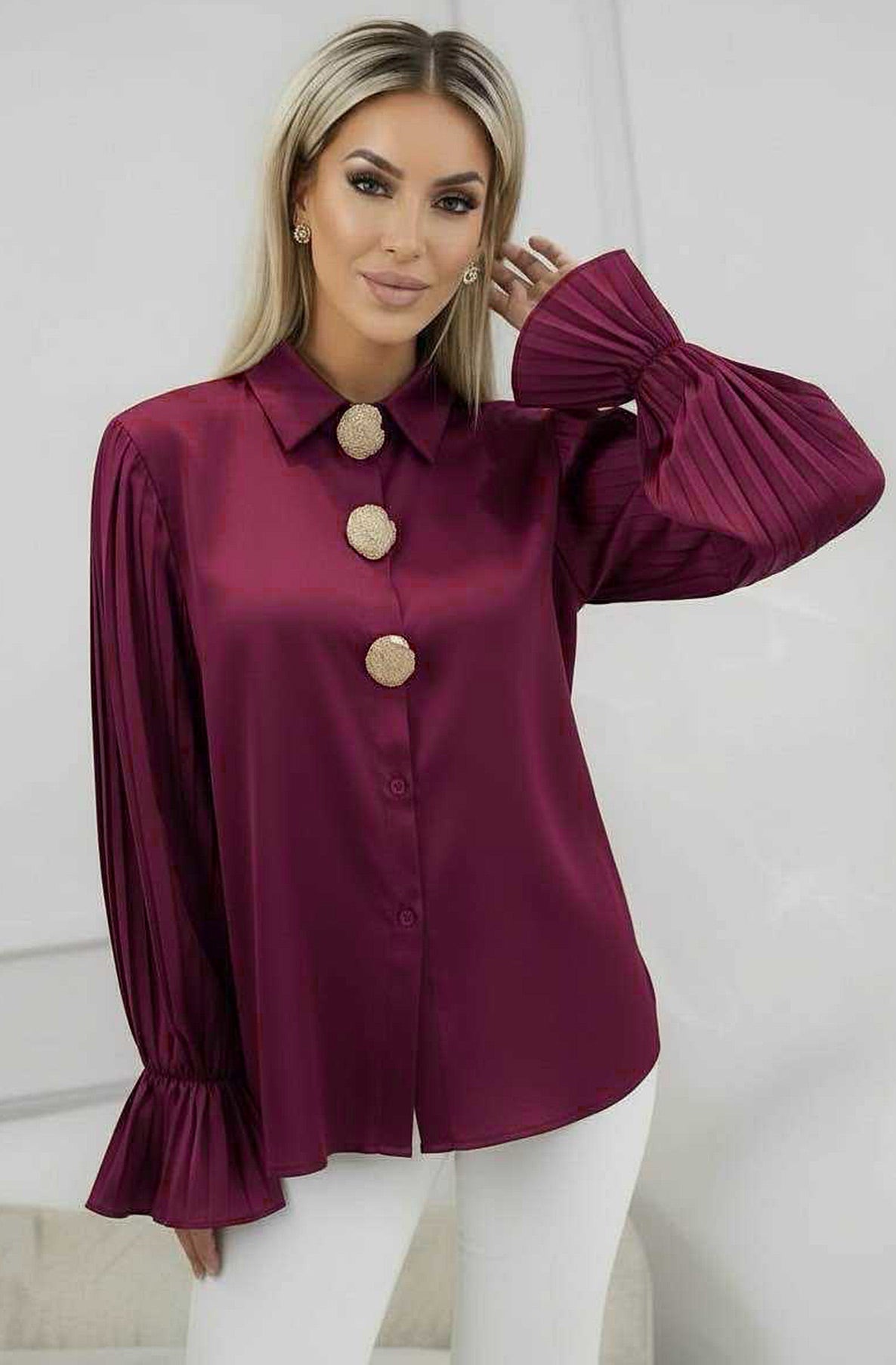 Melani Satin Pleated-Sleeve Brooch Button Shirt Blouse-Wine