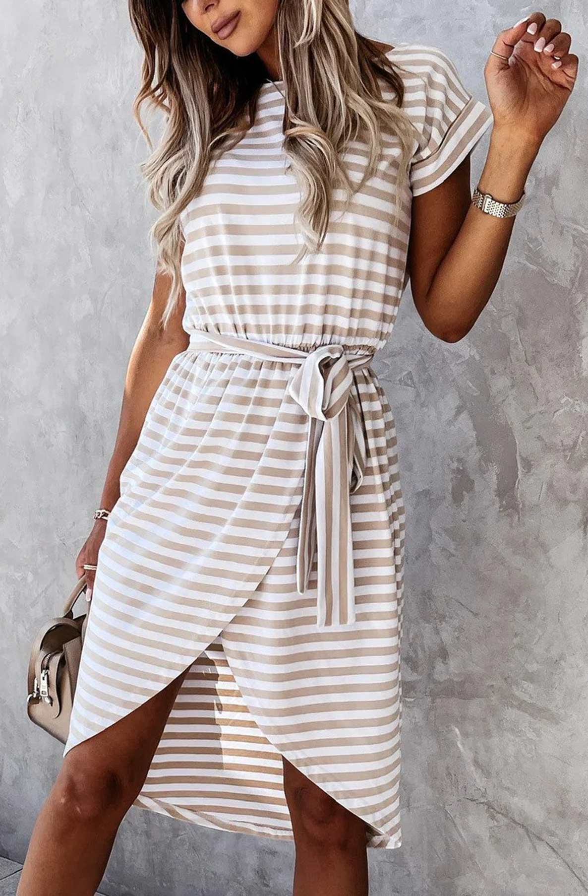 Melorra Striped Front Wrap Belted Dress-Stone