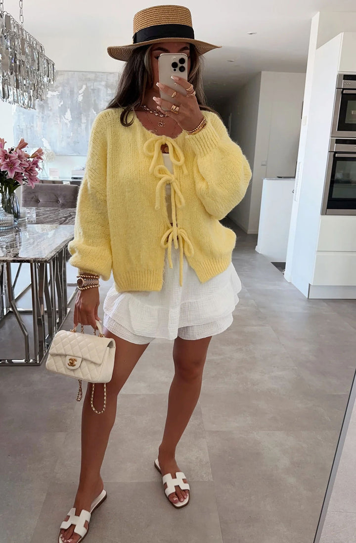 Meredith Tie-Up Knitted Cardigan-Yellow