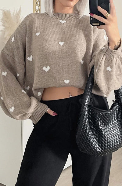 Merika 'Heart' Printed Knitted Jumper Sweater-Mocha