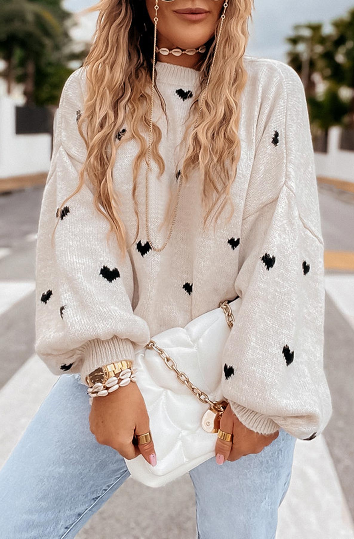 Merika 'Heart' Printed Knitted Jumper Sweater-Stone