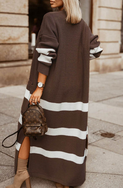 Milena Striped Longline Knitted Cardigan-Dark Brown