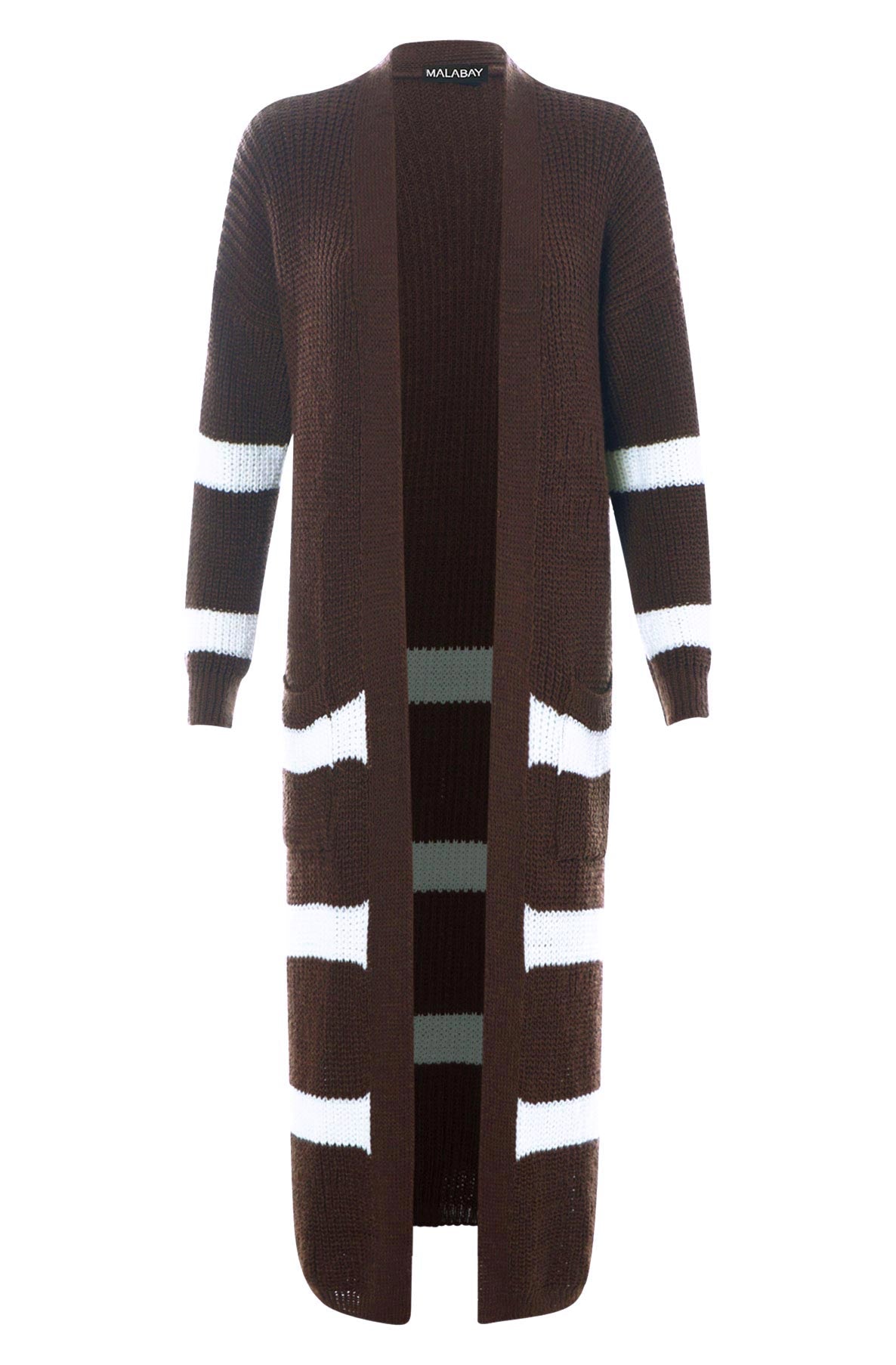 Milena Striped Longline Knitted Cardigan-Dark Brown