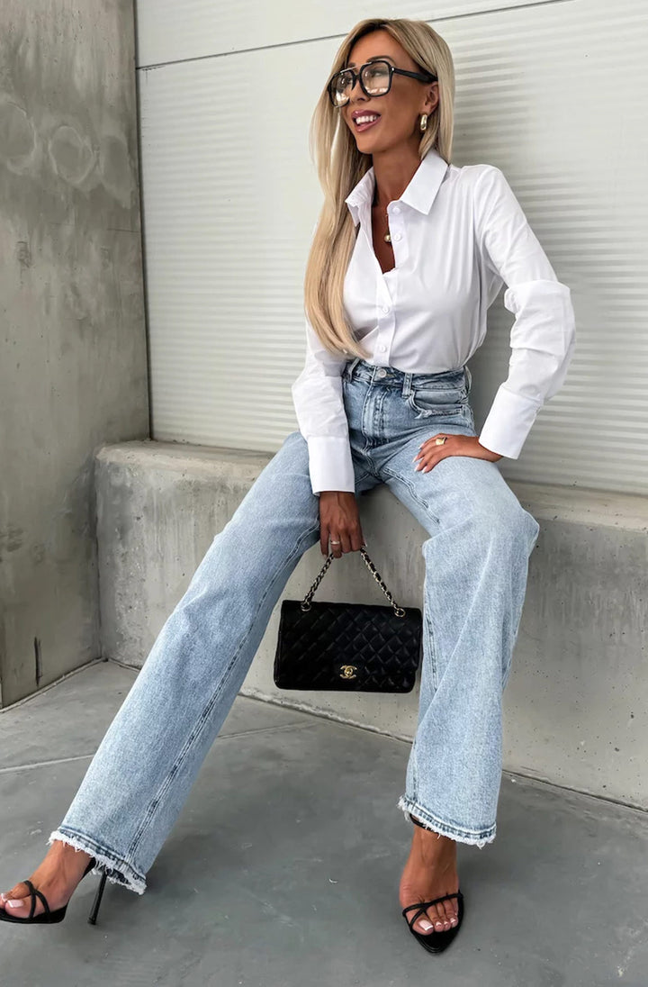 Mimi Wide Leg Frayed Hem Denim Jeans-Light Blue