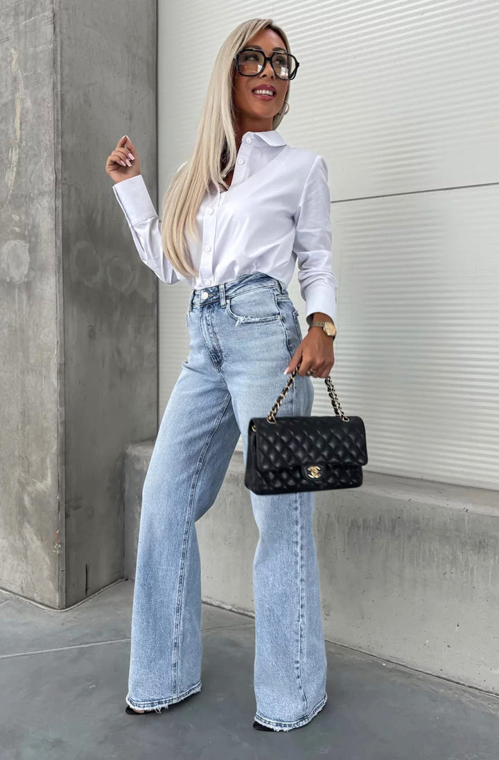Mimi Wide Leg Frayed Hem Denim Jeans-Light Blue