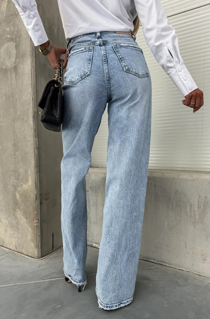 Mimi Wide Leg Frayed Hem Denim Jeans-Light Blue