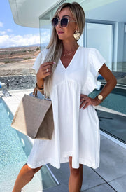 Mindie Ruffle Frill Sleeve Cotton Gauze Style Smock Dress-Ivory