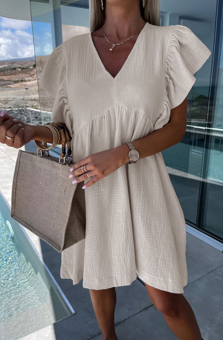 Mindie Ruffle Frill Sleeve Cotton Gauze Style Smock Dress-Stone