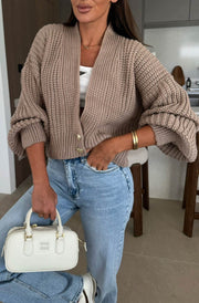 Miranda Cropped Knitted Cardigan-Stone