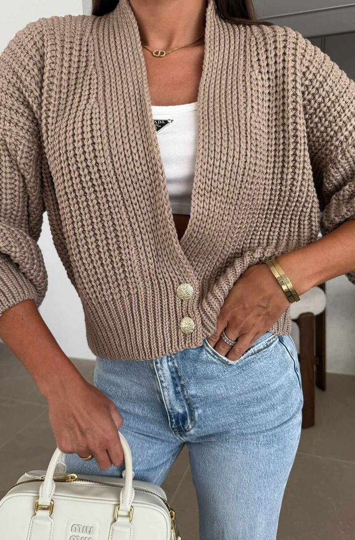 Miranda Cropped Knitted Cardigan-Stone