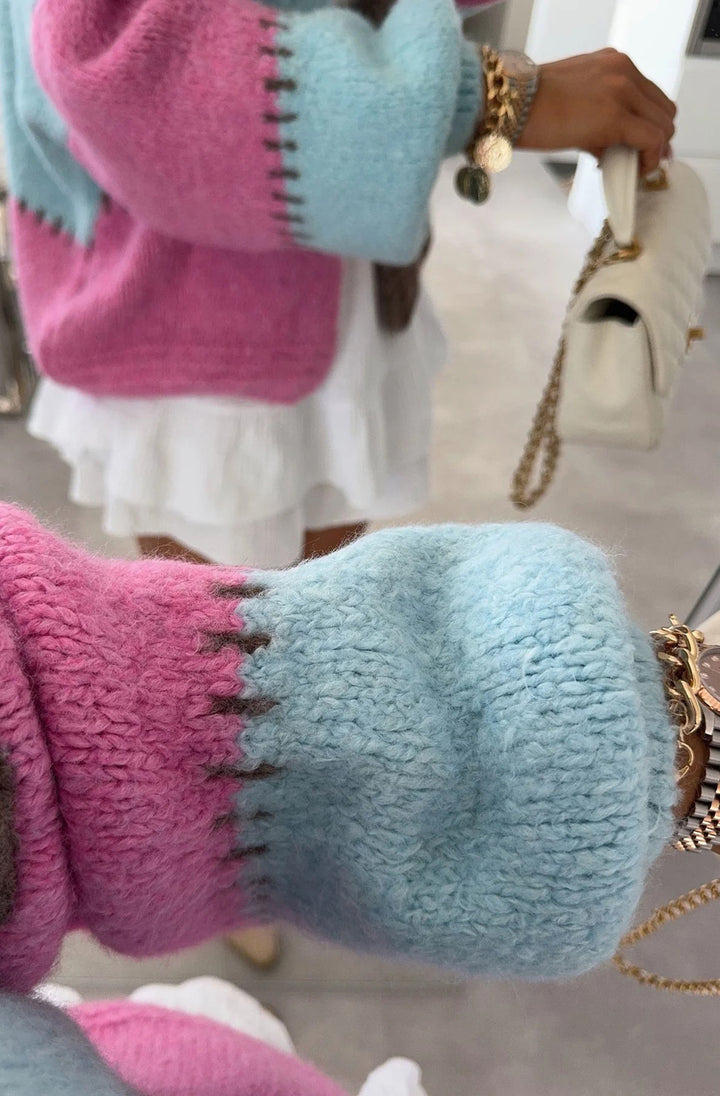 Miraya Contrast Colour Block Knitted Cardigan-Brown