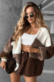 Miraya Contrast Colour Block Knitted Cardigan-Dark Brown