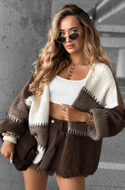 Miraya Contrast Colour Block Knitted Cardigan-Dark Brown