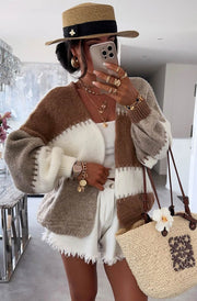 Miraya Contrast Colour Block Knitted Cardigan-Stone