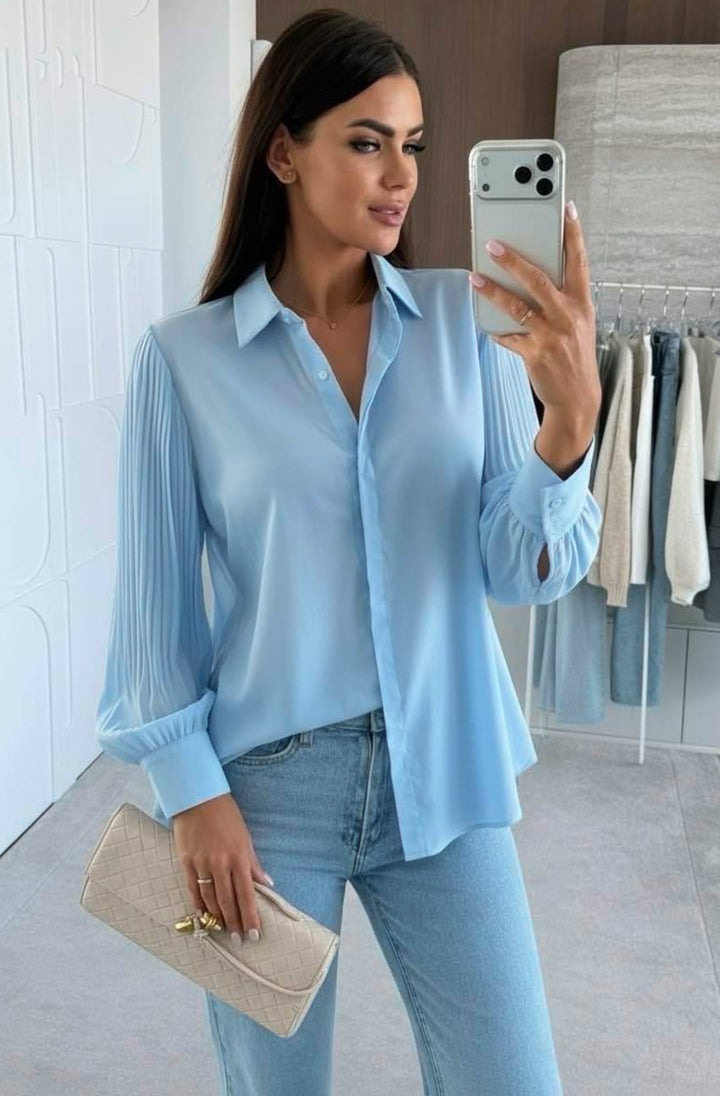 Monroe Pleated Sleeve Button-Up Shirt Blouse-Blue
