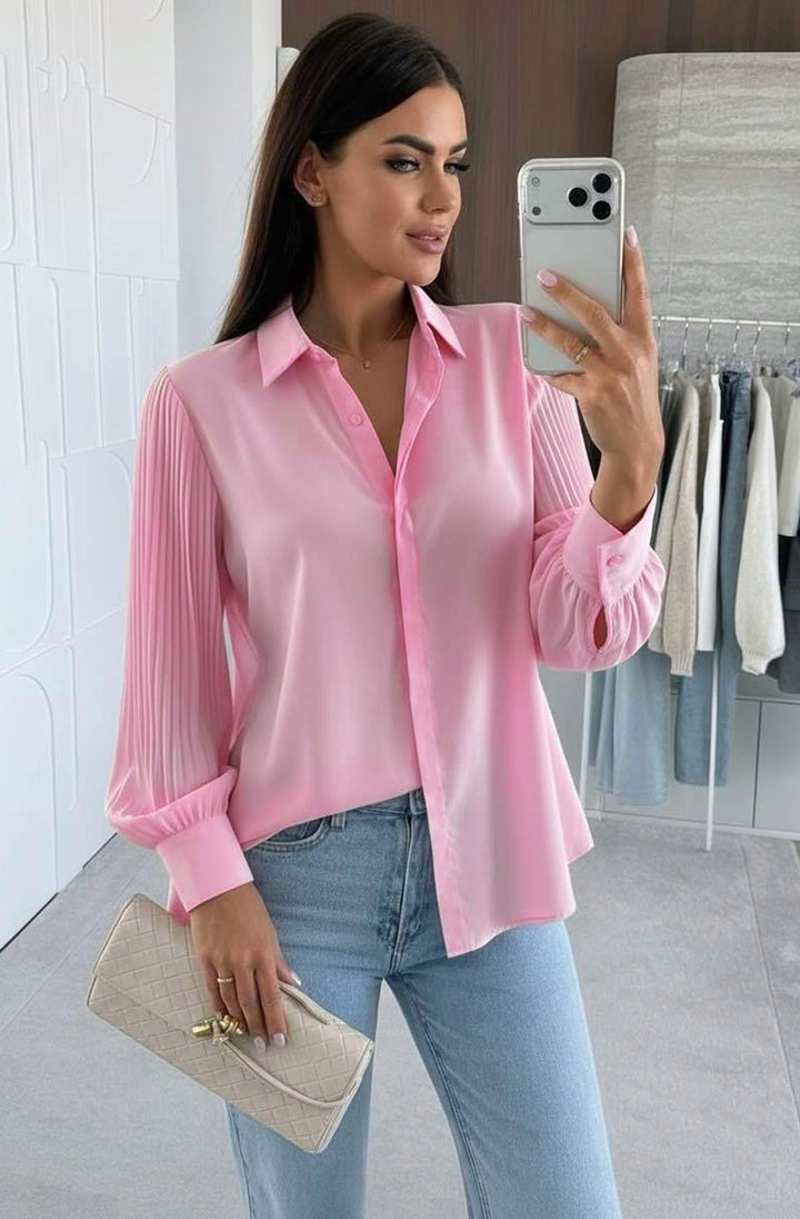 Monroe Pleated Sleeve Button-Up Shirt Blouse-Pink