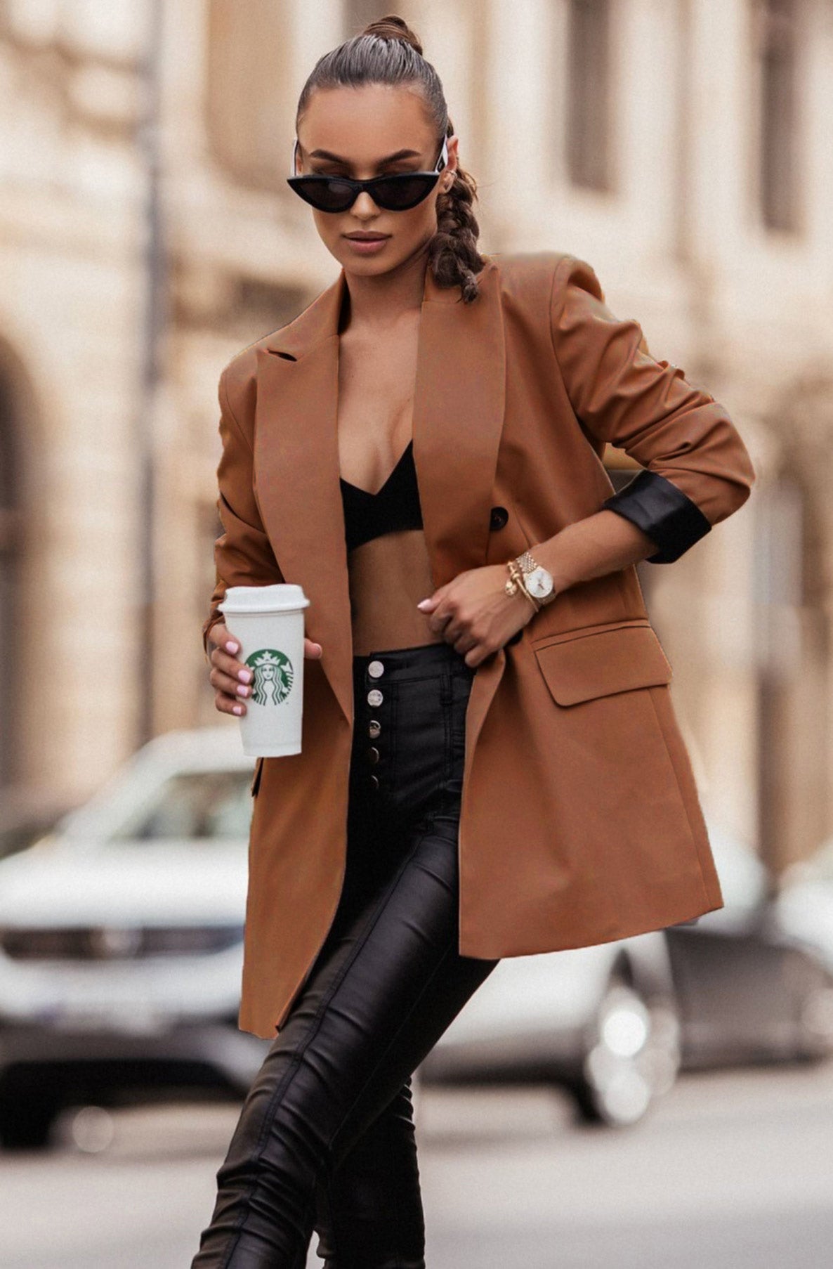 Myla Oversized Faux Leather Blazer Jacket-Brown
