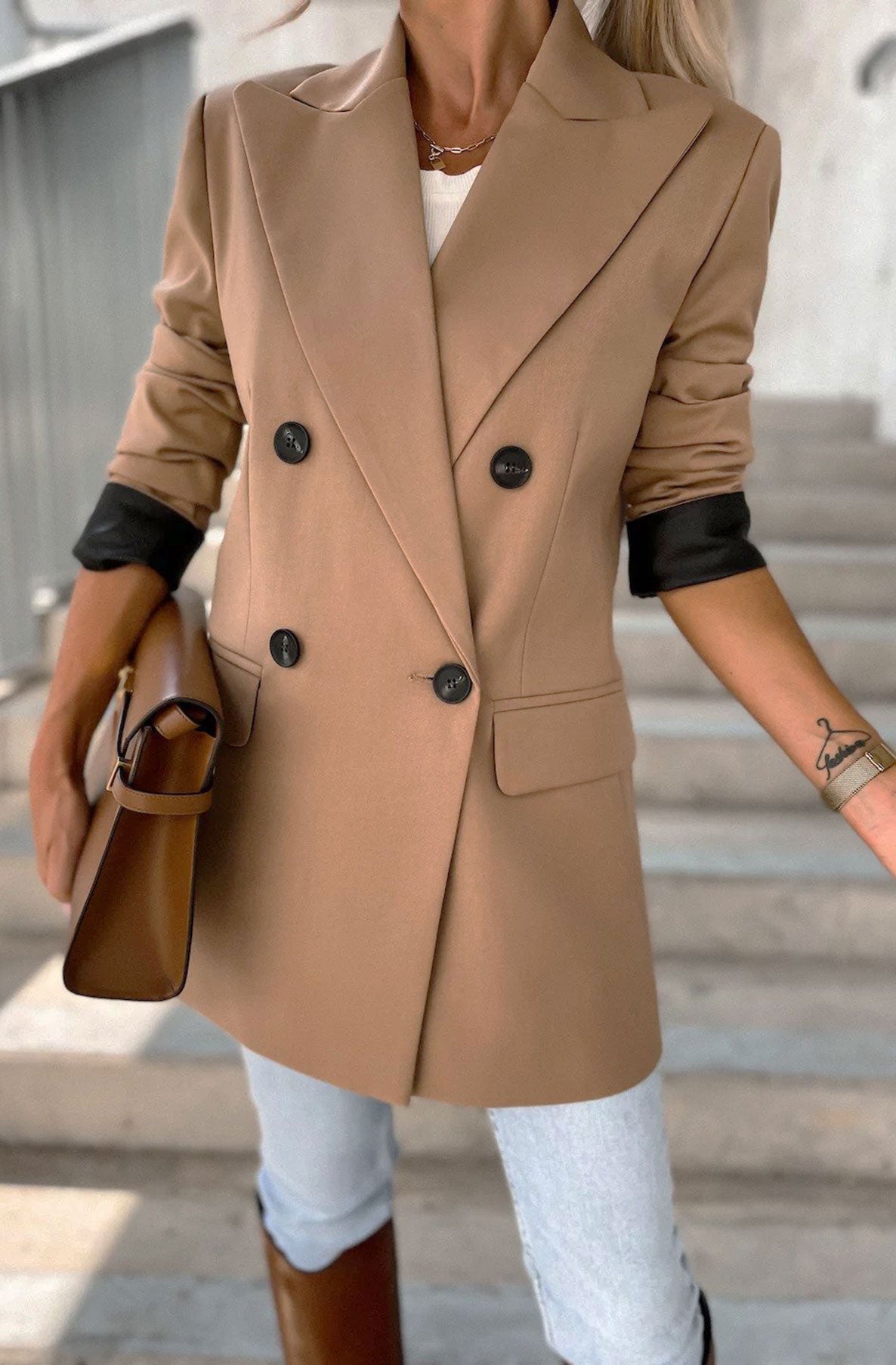 Myla Oversized Faux Leather Blazer Jacket-Camel