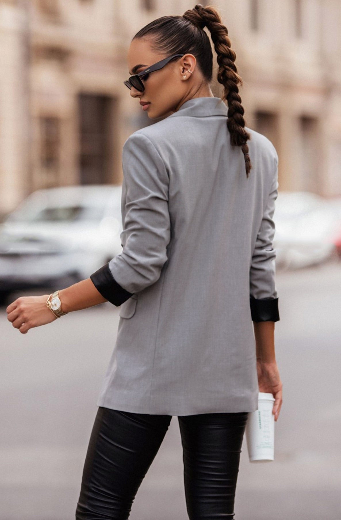 Myla Oversized Faux Leather Blazer Jacket-Grey
