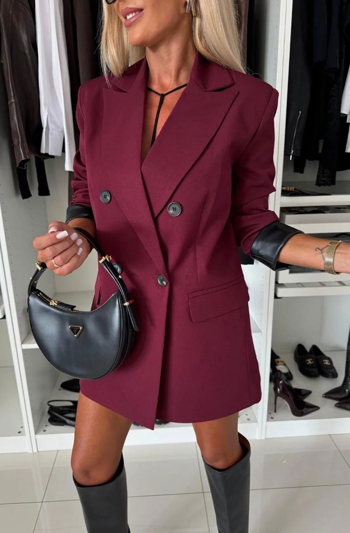 Myla Oversized Faux Leather Blazer Jacket-Wine