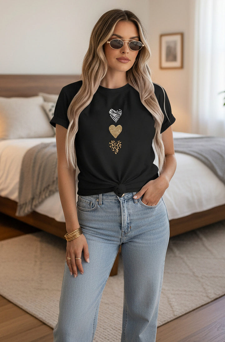 Myra Animal Hearts Graphic T-Shirt Top-Black