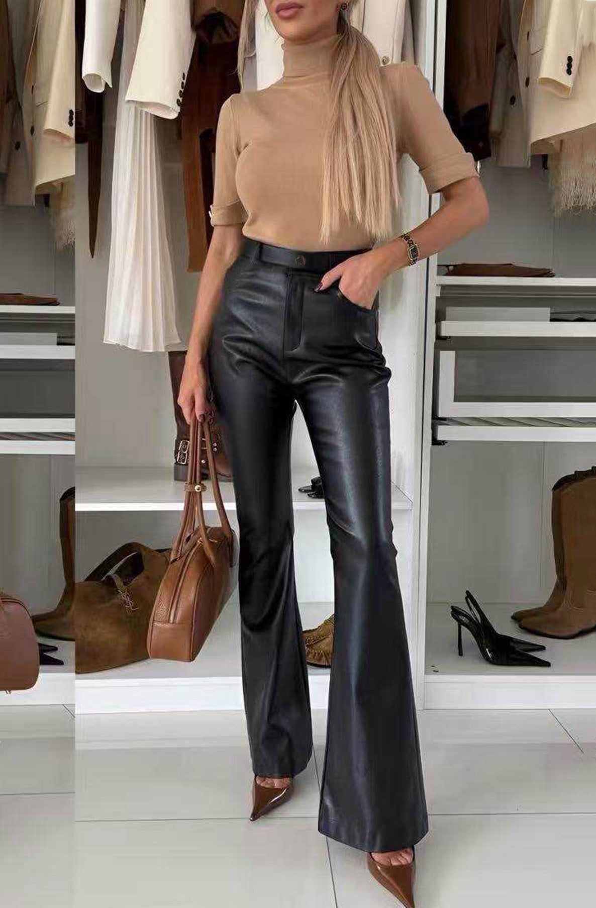 Nerisse Faux Leather Flare High-Waist Trousers-Black