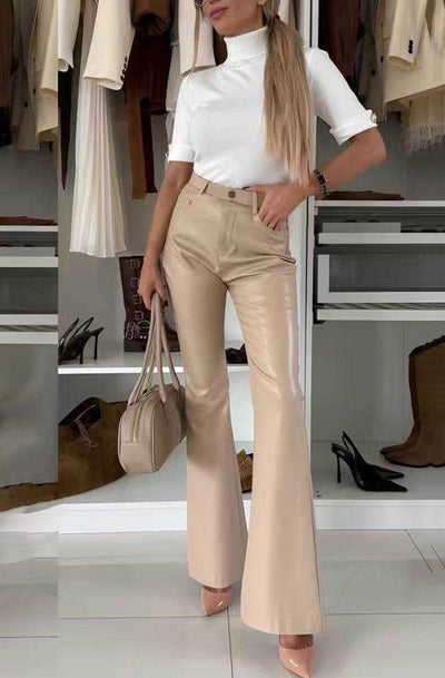 Nerisse Faux Leather Flare High-Waist Trousers-Stone
