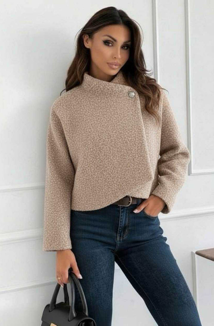 Ness Asymmetric Bouclé Rose Button Cropped Jacket-Stone