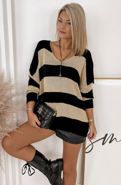 Nevaeh Shimmer Knitted Jumper Sweater Top-Black