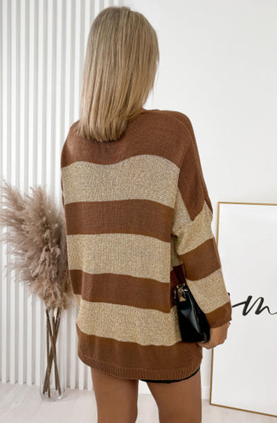 Nevaeh Shimmer Knitted Jumper Sweater Top-Brown