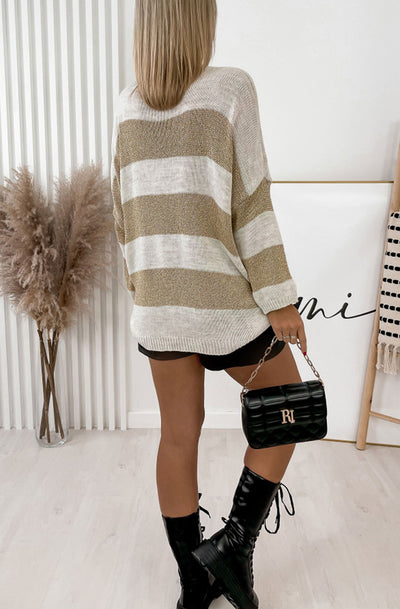 Nevaeh Shimmer Knitted Jumper Sweater Top-Stone