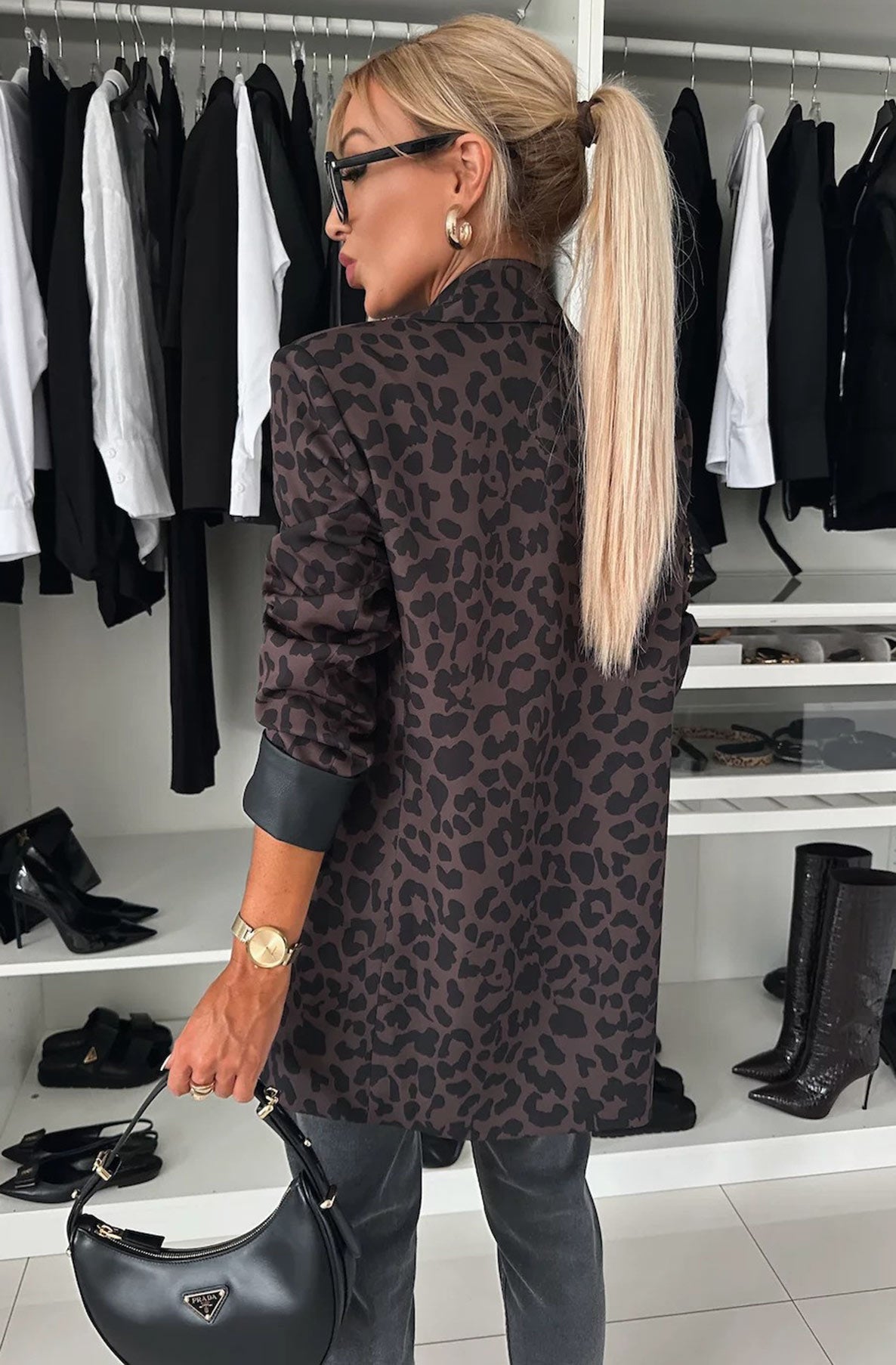 Nicole Oversized Leopard Blazer Jacket-Dark Brown