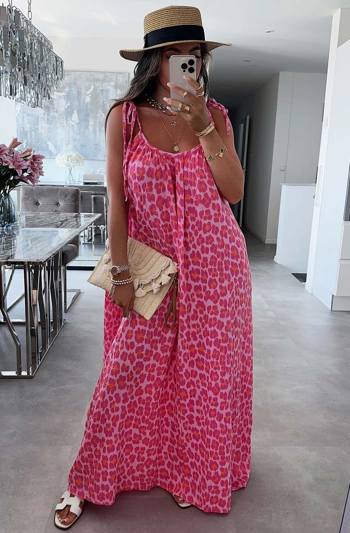 Nisha Cotton Gauze Style Tie-Up Leopard Print Maxi Dress-Pink